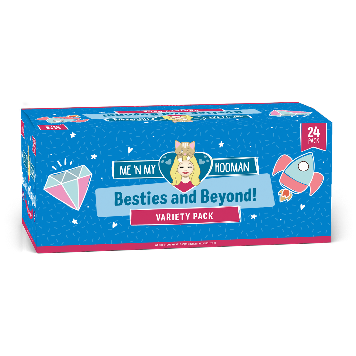 Rectangular blue Weruva box labeled “Me ‘N My Hooman Besties and Beyond!” with cartoon girl, cat, diamond, and rocket. Contains 24 packs of cat food featuring premium chicken and fish recipes.