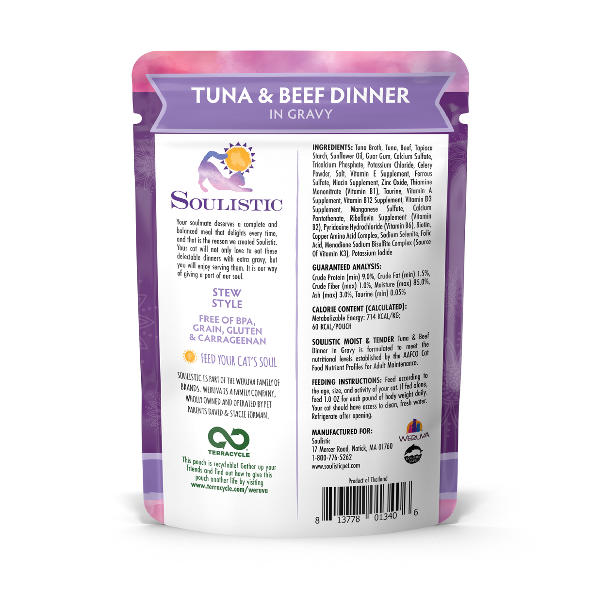 Back view of Soulistic Tuna & Beef Dinner in Gravy cat food pouch with ingredients like deboned beef and wild-caught tuna, guaranteed analysis, and feeding instructions printed on purple and white packaging.