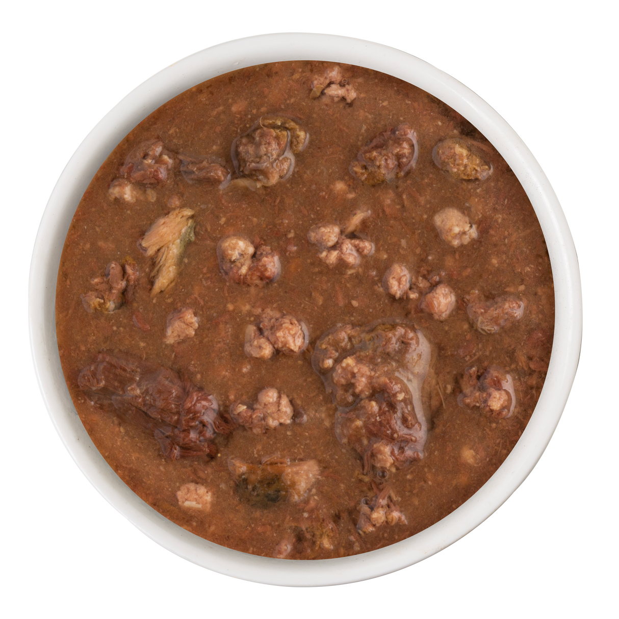A white bowl filled with Soulistic Tuna & Beef Dinner in Gravy, showcasing chunks of tuna and beef in a savory, thick gravy, crafted to provide high-quality protein for your pet.