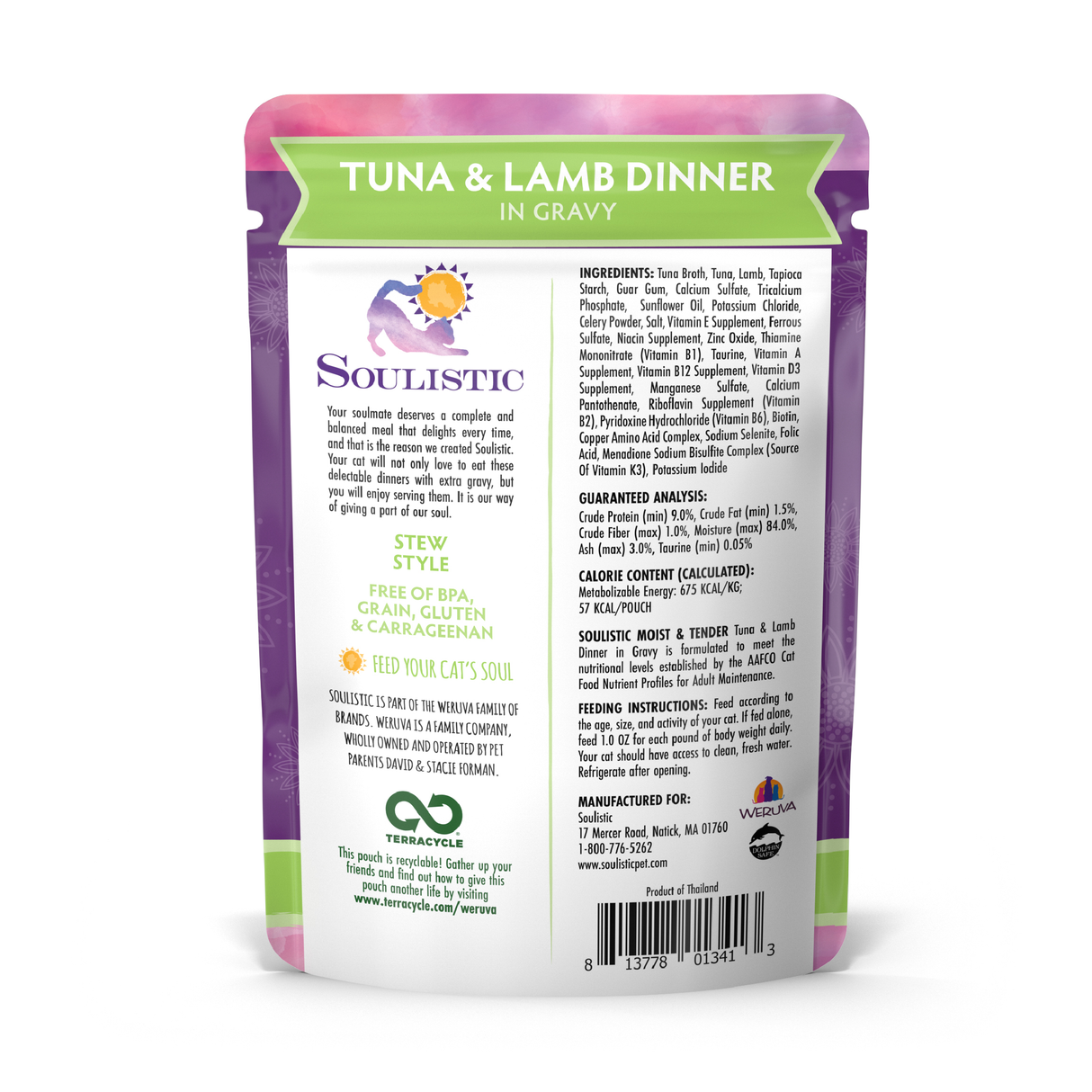 A pouch of Soulistic Tuna & Lamb Dinner in Gravy cat food shows ingredients, nutrition, and details on the back, all in a purple, green, and white design.