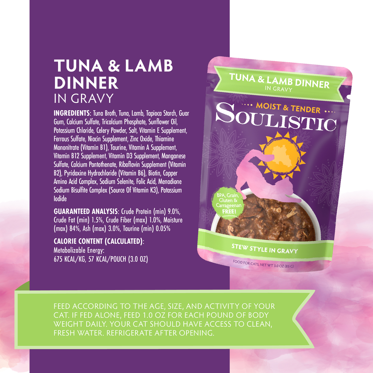 A Soulistic Tuna & Lamb Dinner in Gravy cat food pouch is shown, featuring high-quality protein from wild-caught tuna and minced lamb. The purple and green package displays a bowl of stew, with feeding instructions at the bottom.