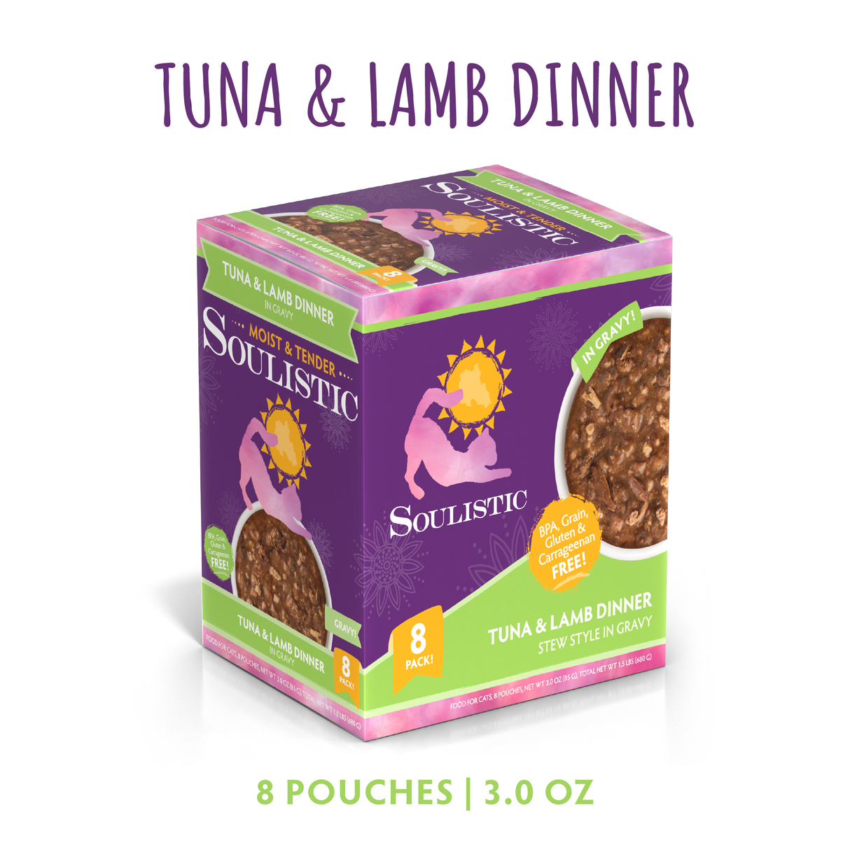 A purple and green box of Soulistic Tuna & Lamb Dinner in Gravy cat food, with wild-caught tuna and minced lamb for quality protein, labeled Moist & Tender Stew Style. Contains 8 pouches (3.0 oz each) and cat/food images on box.