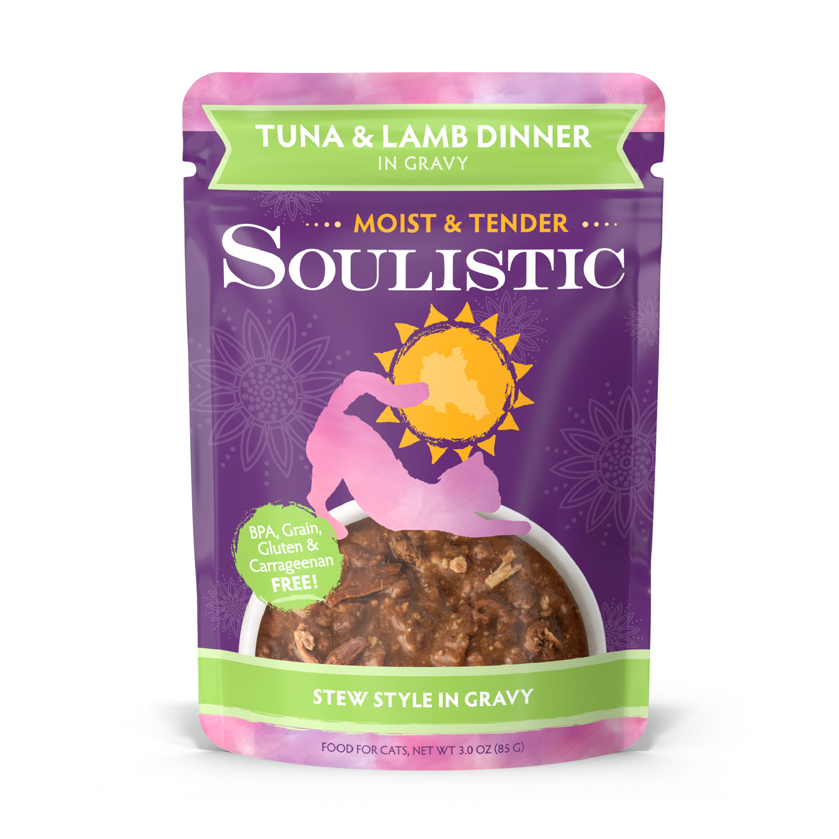 A pouch of Soulistic Tuna & Lamb Dinner in Gravy cat food, made with wild-caught tuna and minced deboned lamb. The purple and green packaging features a cat silhouette and sun.