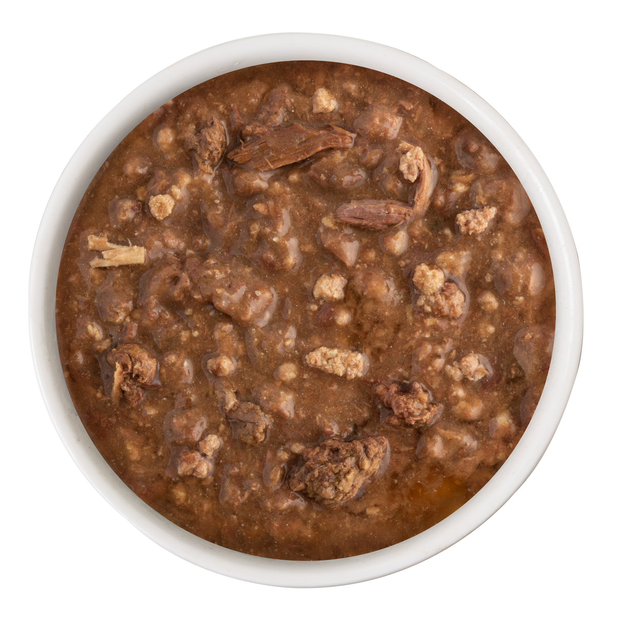 A white bowl filled with Soulistic Tuna & Lamb Dinner in Gravy—chunky brown wet food made with wild-caught tuna and pieces of lamb in thick gravy—viewed from above on a plain white background.