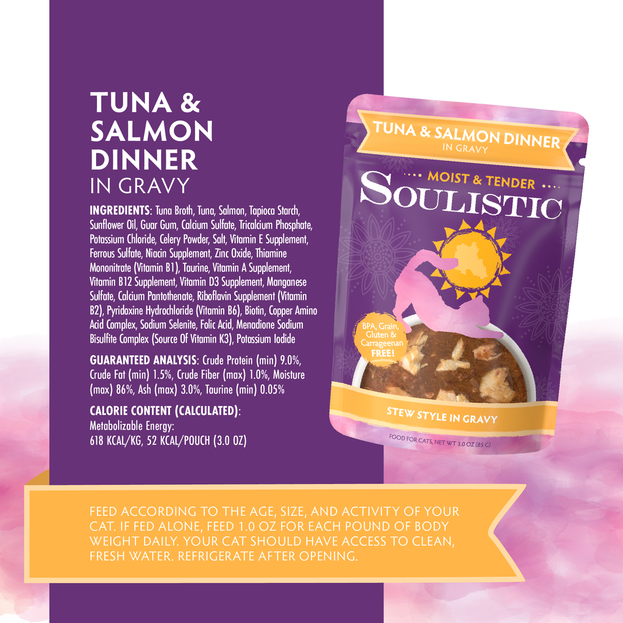 A pouch of Soulistic Tuna & Salmon Dinner in Gravy cat food is shown against a purple and pink background, with visible product details, ingredients, and feeding instructions.