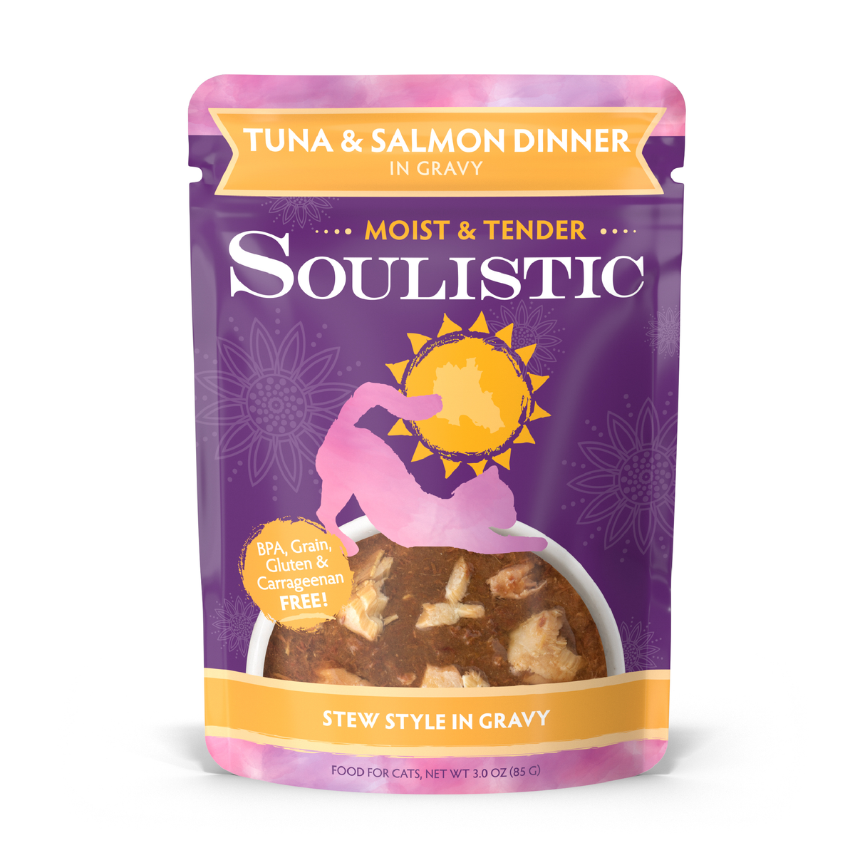 A pouch of Soulistic Tuna & Salmon Dinner in Gravy cat food, with wild-caught salmon, BPA-free, grain-free, gluten-free, and carrageenan-free labels; stew-style in a bowl on a purple background with a sun logo.