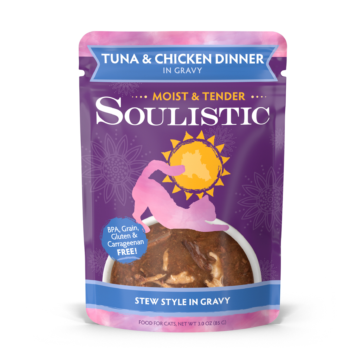 Soulistic Tuna & Chicken Dinner in Gravy cat food comes in purple packaging with a cat silhouette and a dish of stew-style, high-quality protein made with wild-caught tuna.