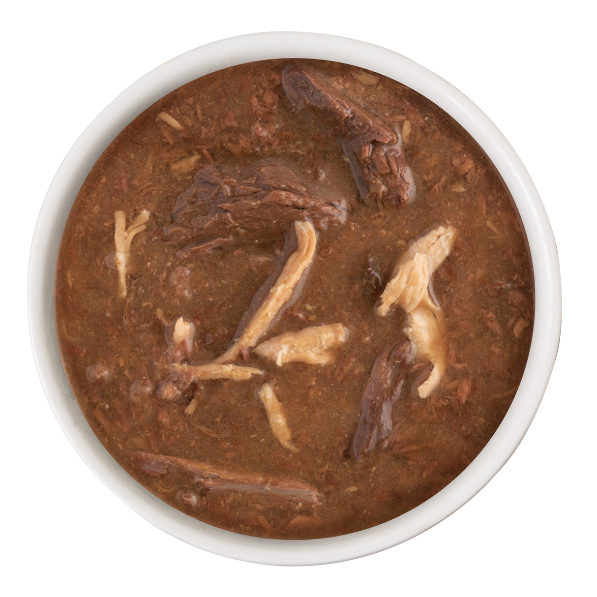 A Soulistic Tuna & Chicken Dinner in Gravy is shown from above—a white bowl filled with shredded tuna and chicken in a thick, hearty brown gravy, set on a plain white background.