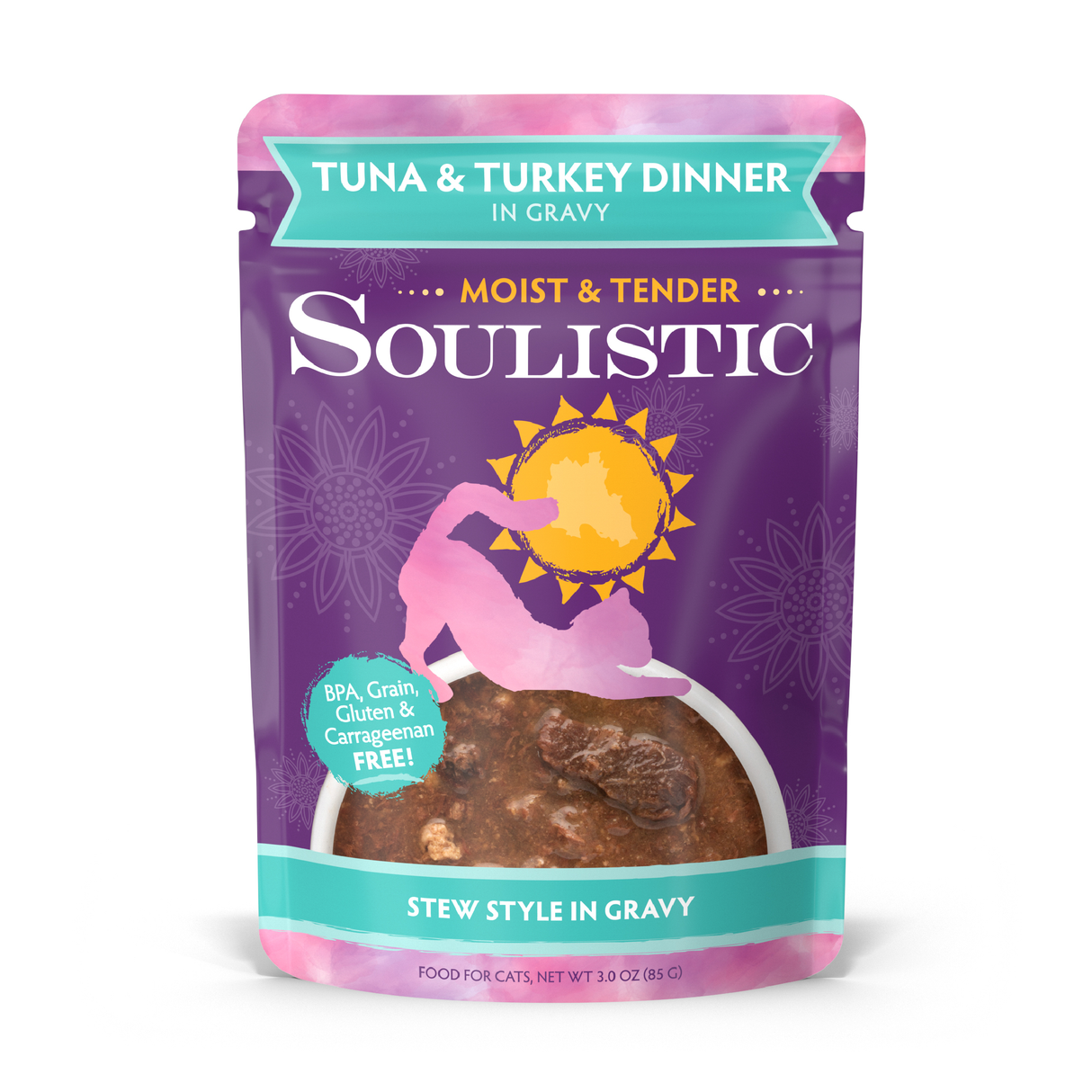 A pouch of Soulistic Tuna & Turkey Dinner in Gravy cat food with high-quality protein from wild-caught tuna and minced deboned turkey, featuring a cat silhouette, sun design, and BPA-, grain-, gluten-, and carrageenan-free labels.