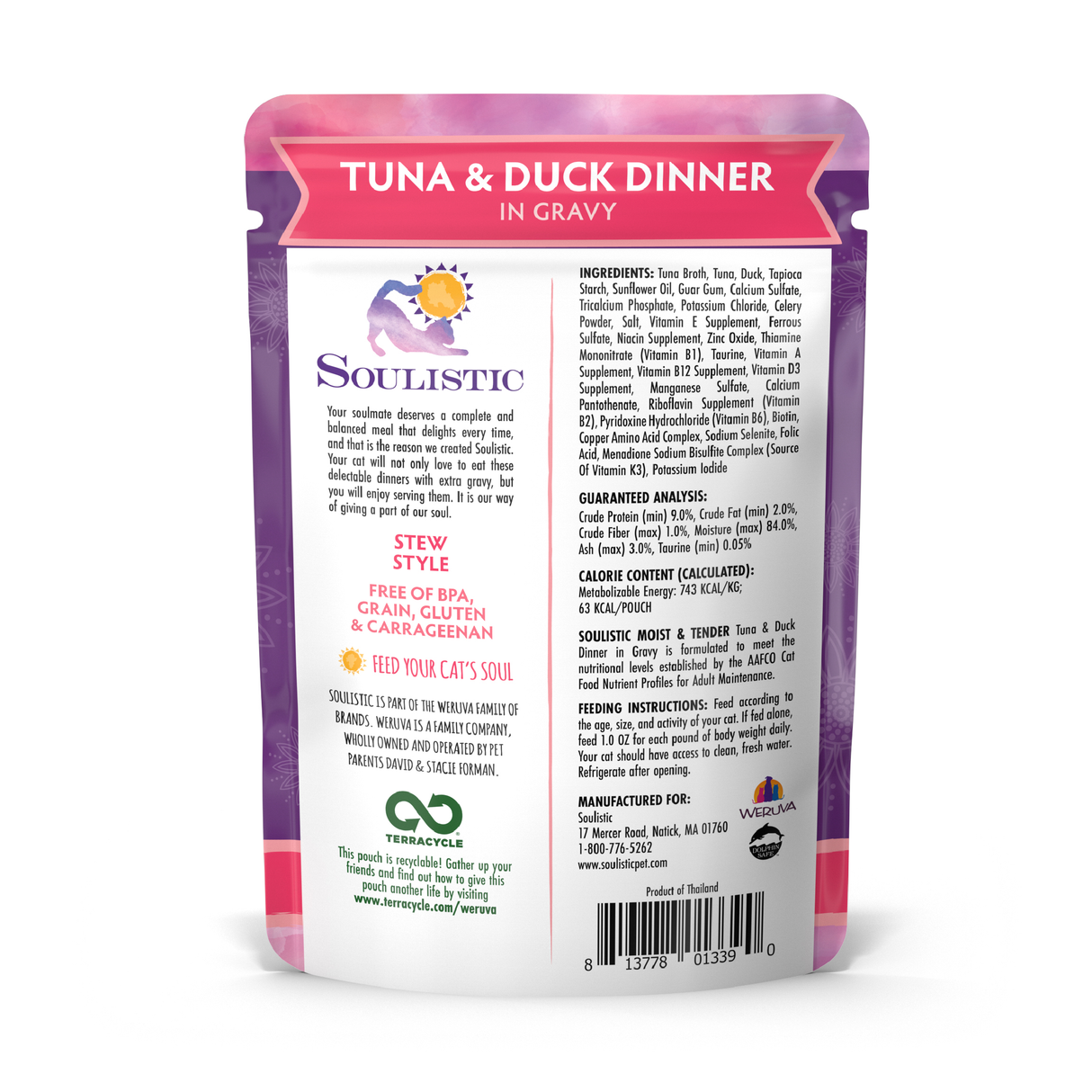 A pouch of Soulistic Tuna & Duck Dinner in Gravy cat food, made with minced duck and wild-caught tuna for quality protein, lists ingredients, nutrition facts, “grain, gluten & carrageenan free” claims, and has a Terracycle recycling logo on back.