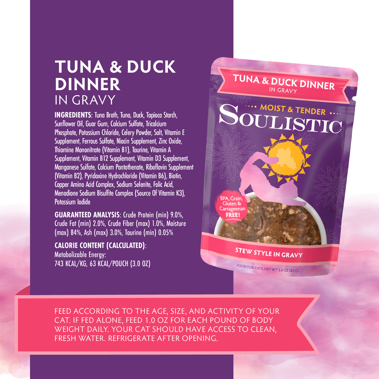 A purple package of Soulistic Tuna & Duck Dinner in Gravy, made with minced duck and wild-caught tuna.