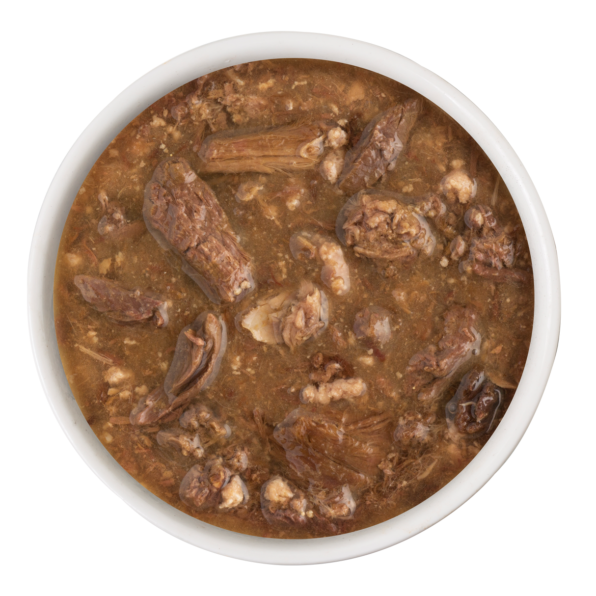 A white bowl filled with Soulistic Tuna & Duck Dinner in Gravy, featuring chunky pieces in a thick gravy, viewed from above on a plain white background.