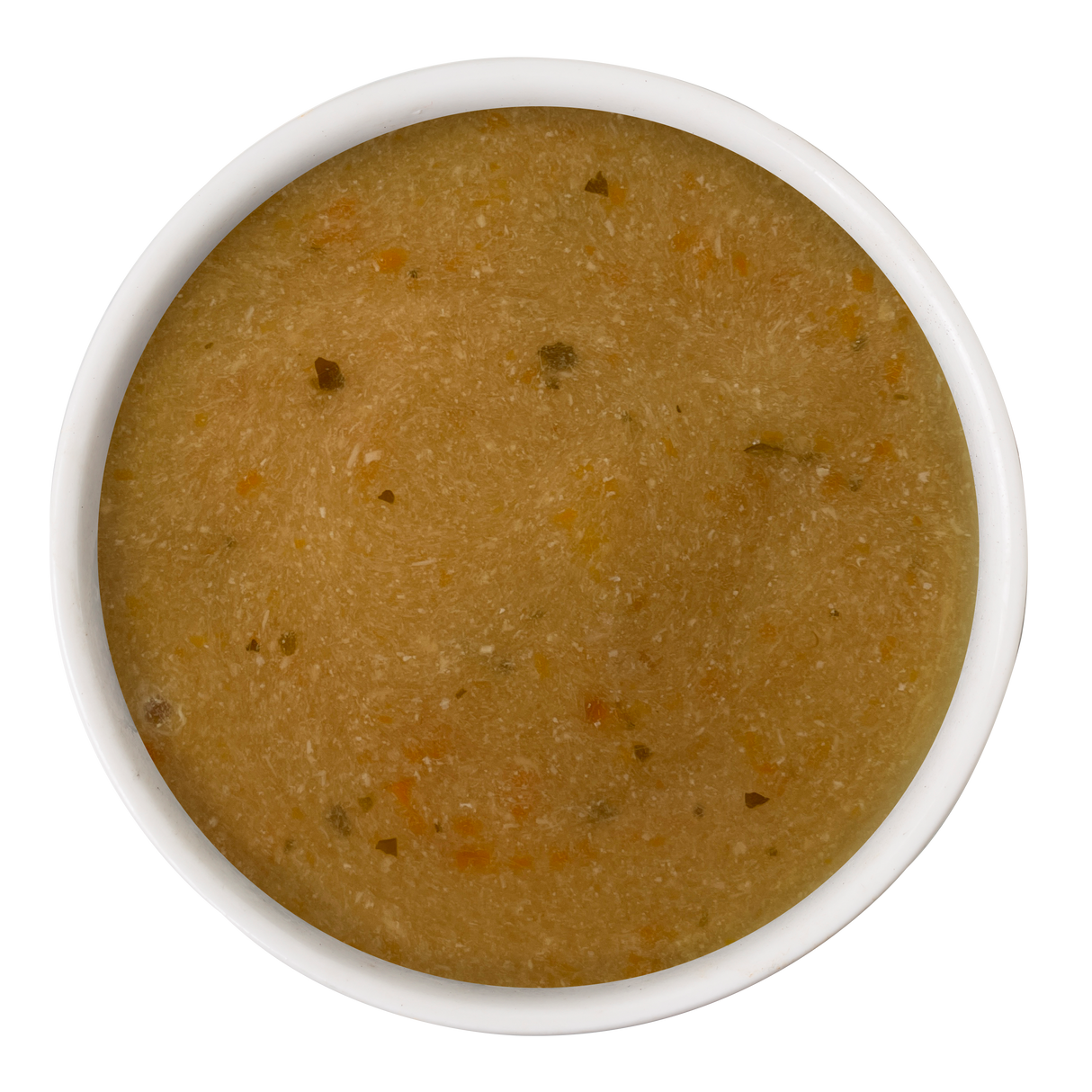 A white bowl contains Dogs in the Kitchen Chicken & Pumpkin Gravy Meal Topper, a light brown, smooth soup with visible pieces of vegetables. The background is plain white.