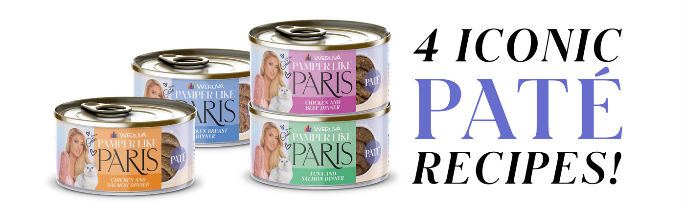 Four cans of Merla Pampered Like Paris pâté pet food in various flavors are displayed next to text that reads 4 iconic pâté recipes! in black and lavender lettering.