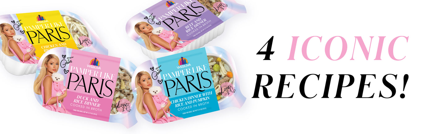 Four packaged meals labeled Pamper Like Paris with different colors and flavors are displayed next to the text 4 ICONIC RECIPES! in bold black and pink lettering.