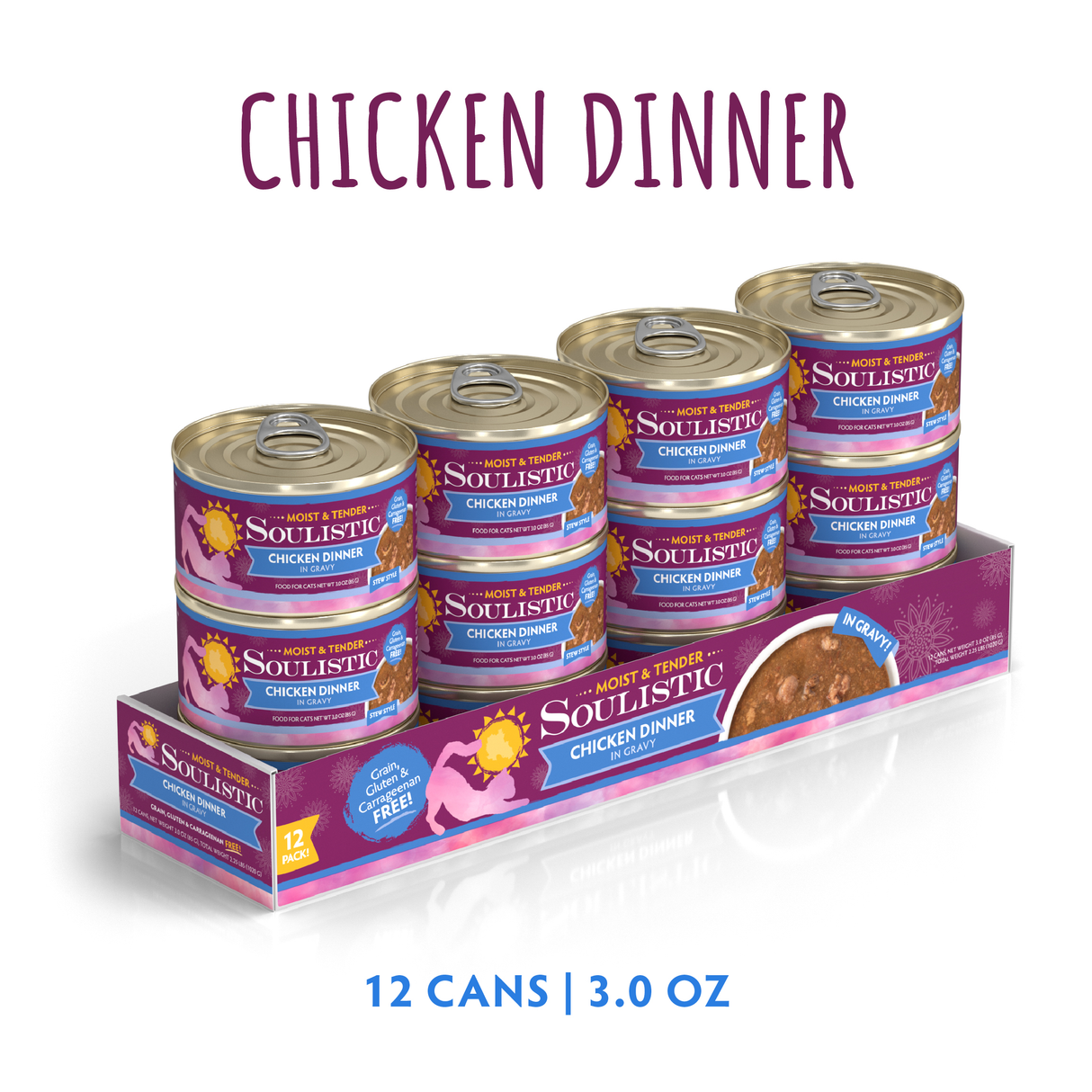 A tray contains twelve 3-oz cans of Soulistic Chicken Dinner in Gravy, featuring purple and yellow packaging with a sun logo. This grain and gluten free recipe is made from high-quality minced deboned chicken.