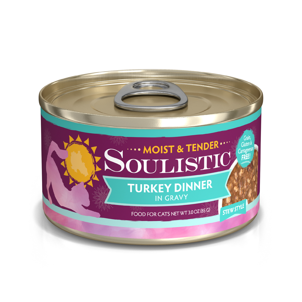 A can of Soulistic Turkey Dinner in Gravy cat food, stew style, made with minced deboned turkey as high-quality protein. The teal and purple label with a cat silhouette highlights its grain, gluten, and carrageenan-free recipe.