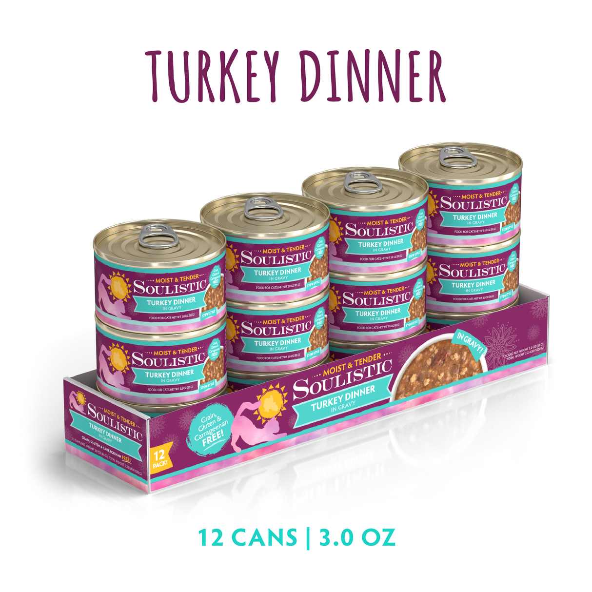 A tray of six stacks of Soulistic Turkey Dinner in Gravy canned cat food, each package showing minced deboned turkey and bold colors. Text reads "Turkey Dinner in Gravy," 12 cans, 3.0 oz., with high-quality protein for your cat.