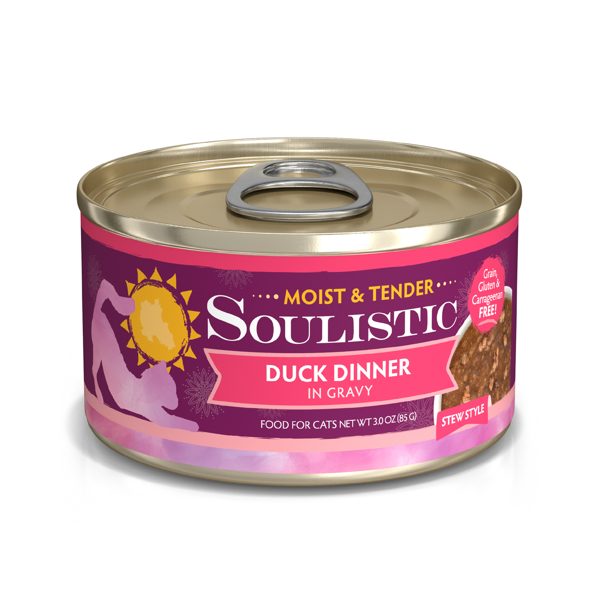 A can of Soulistic Duck Dinner in Gravy cat food, stew style, made with deboned duck for quality protein. The pink and purple label shows a cat silhouette, gold sun logo, and states it's grain-, gluten-, and carrageenan-free.