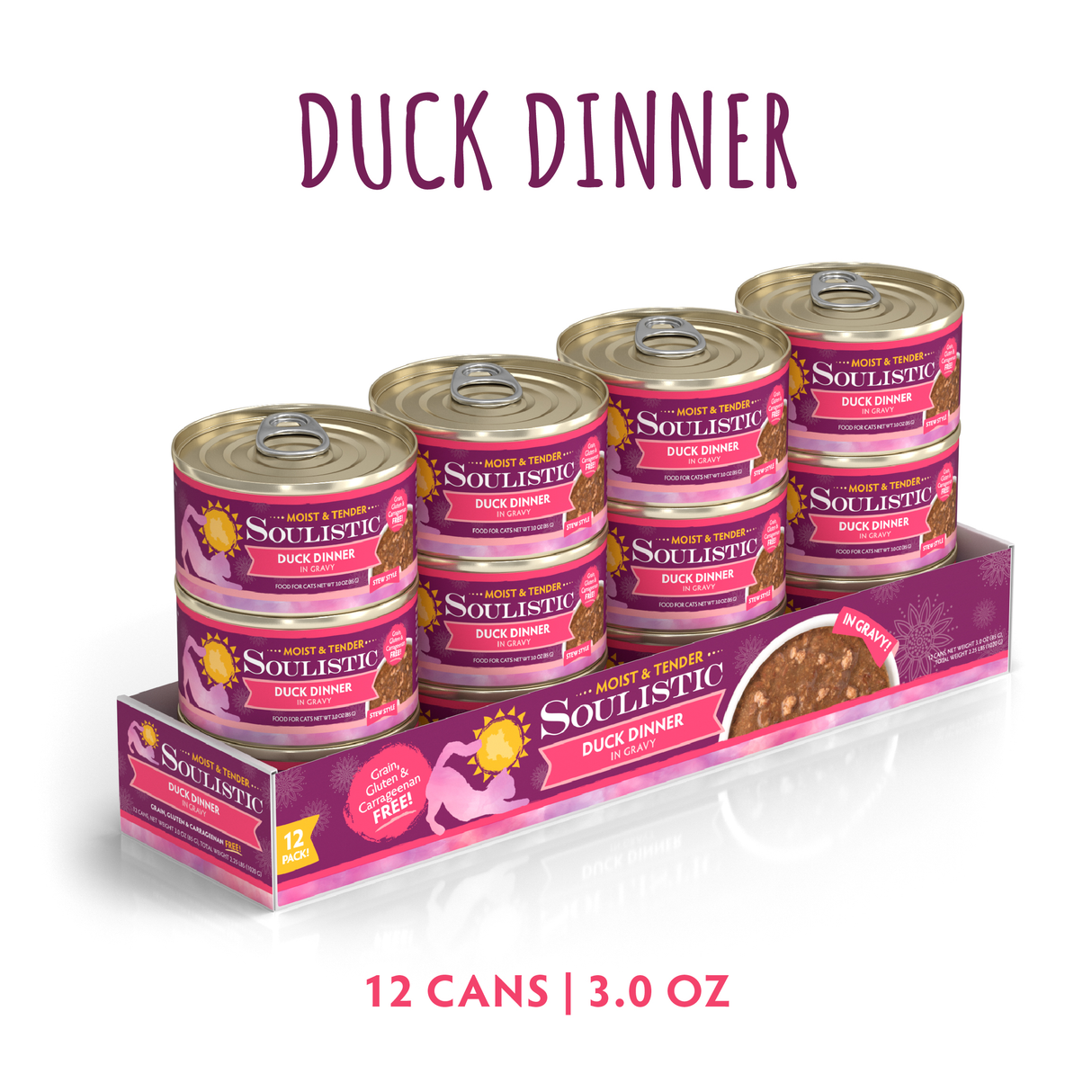 A 12-pack of Soulistic Duck Dinner in Gravy cat food, each 3.0 oz can, features deboned duck for quality protein. The pink packaging shows a cat and duck and is labeled Grain, Gluten & MSG Free.