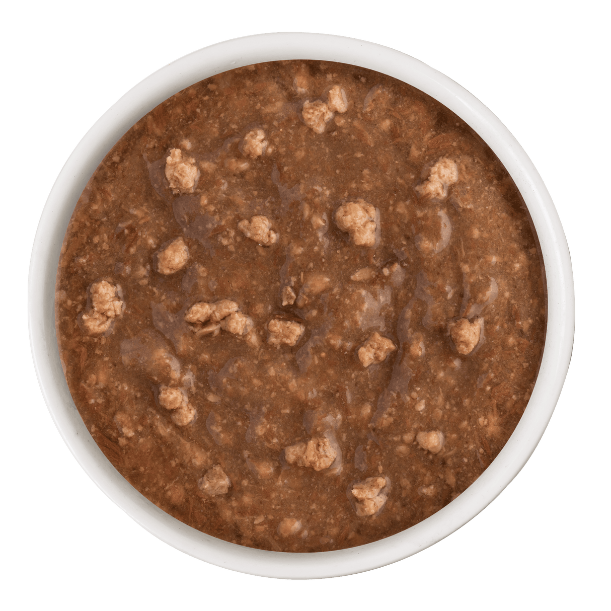 A white bowl filled with Soulistic Duck Dinner in Gravy, featuring chunky pieces of meat in a rich, thick gravy, viewed from above against a white background.
