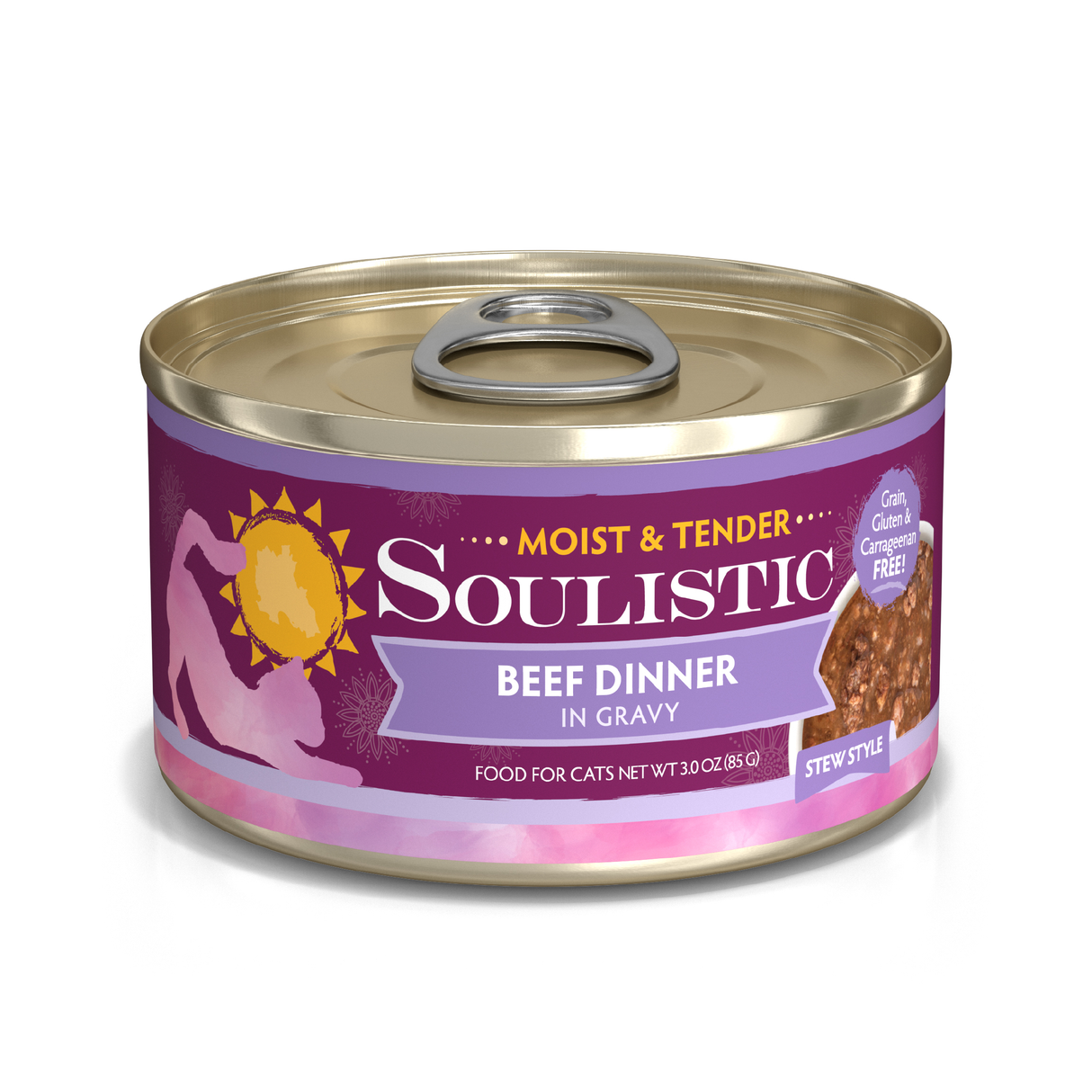 A 3oz (85g) can of Soulistic Beef Dinner in Gravy cat food, stew style with deboned beef, featuring a purple label with sun logo, cat silhouette, and food images.