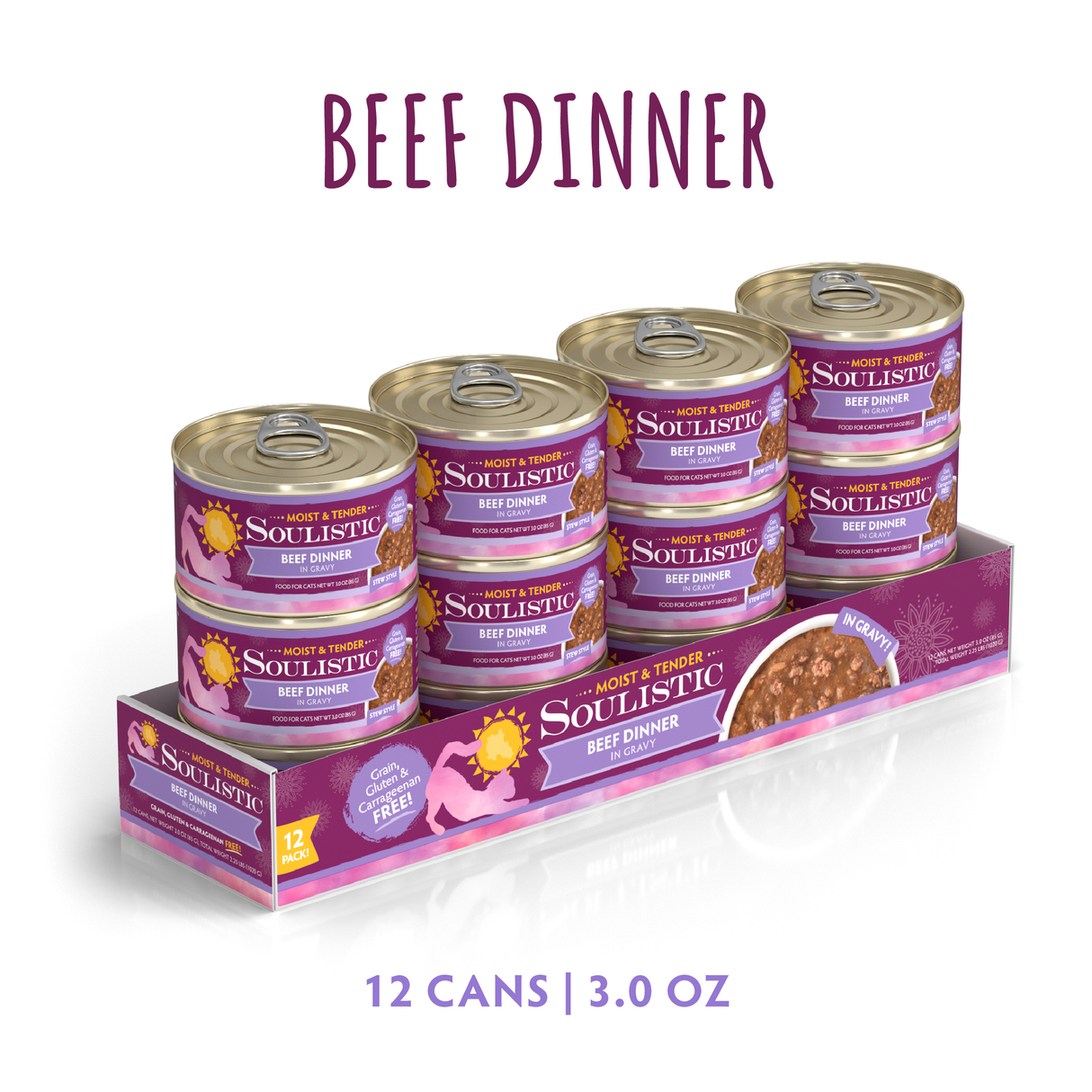 A 12-pack of Soulistic Beef Dinner in Gravy wet cat food, each 3.0 oz can with deboned beef for protein, comes in a tray featuring purple and yellow packaging and a food image on the front.