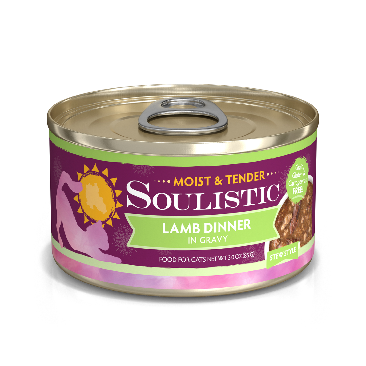 A can of Soulistic Lamb Dinner in Gravy cat food, stew style, with high-quality deboned lamb protein, a purple and green label featuring a cat silhouette, and labeled grain, gluten & carrageenan free.