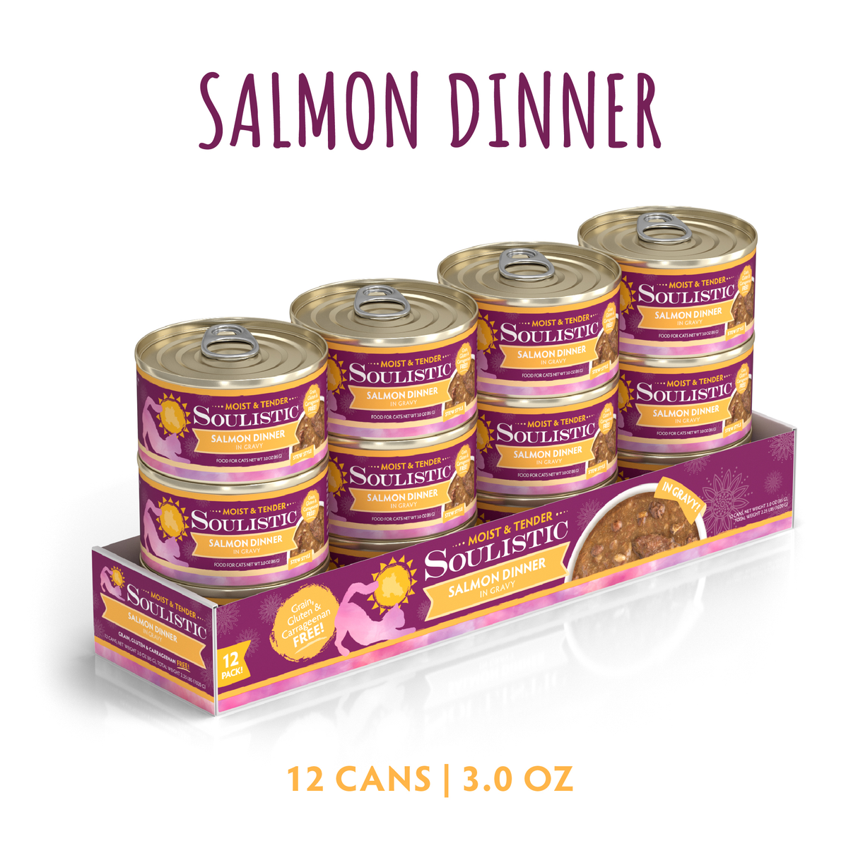 Twelve cans of Soulistic Salmon Dinner in Gravy cat food, each 3.0 oz, are stacked in a cardboard tray. The purple and orange packaging features wild-caught salmon and highlights high-quality protein content.