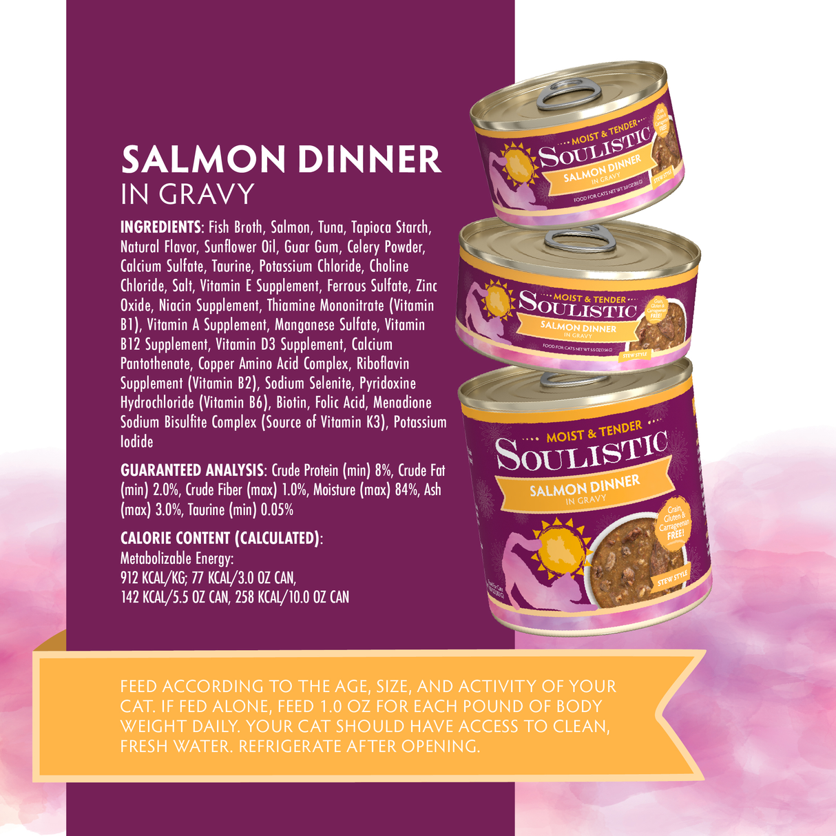 Three cans of Soulistic Salmon Dinner in Gravy cat food are stacked on a pink and yellow watercolor background, with details on ingredients, nutrition, and feeding highlighting high-quality protein from wild-caught salmon.