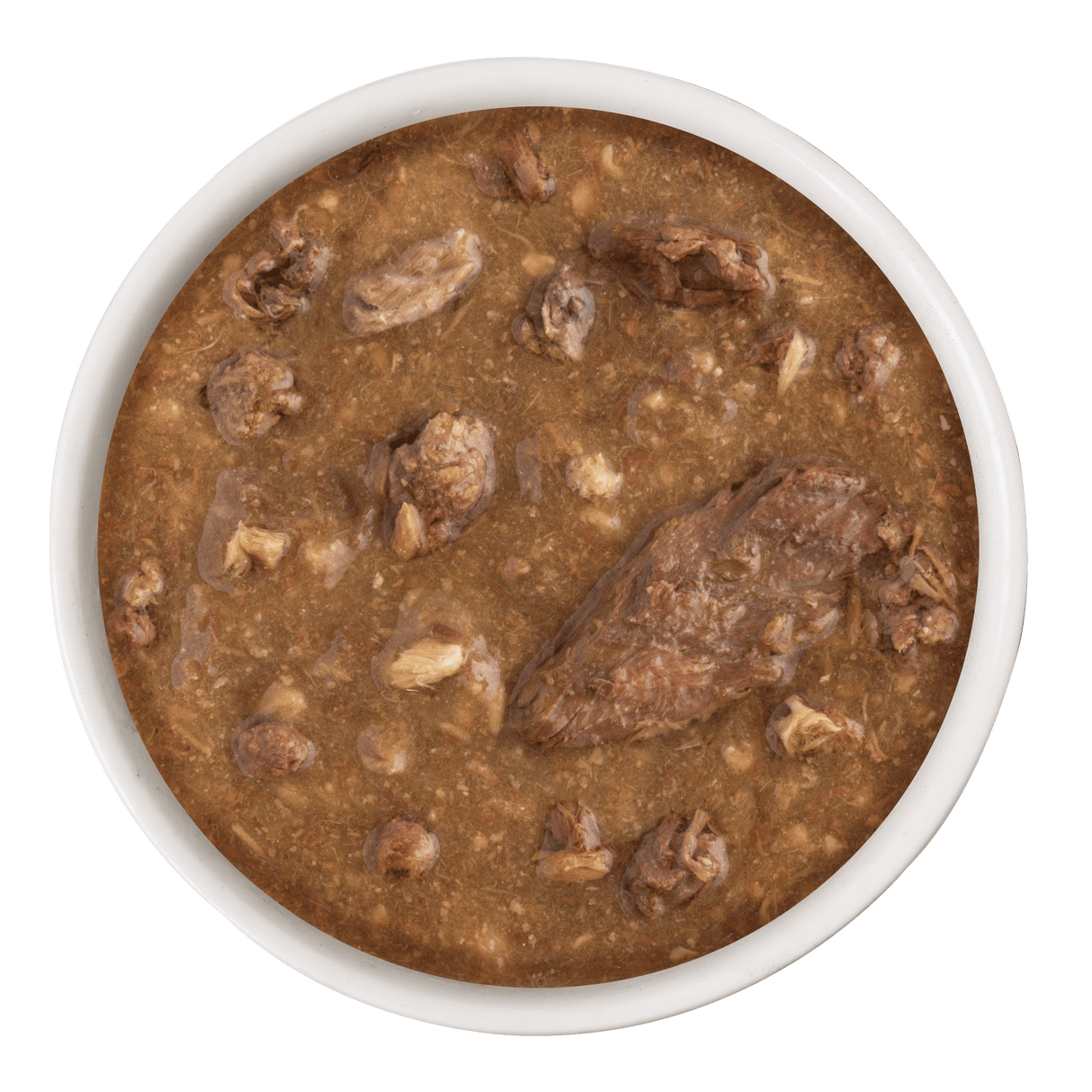 A bowl of Soulistic Salmon Dinner in Gravy, featuring chunky pieces of salmon in a thick, savory gravy, made with high-quality protein and viewed from above on a white background.