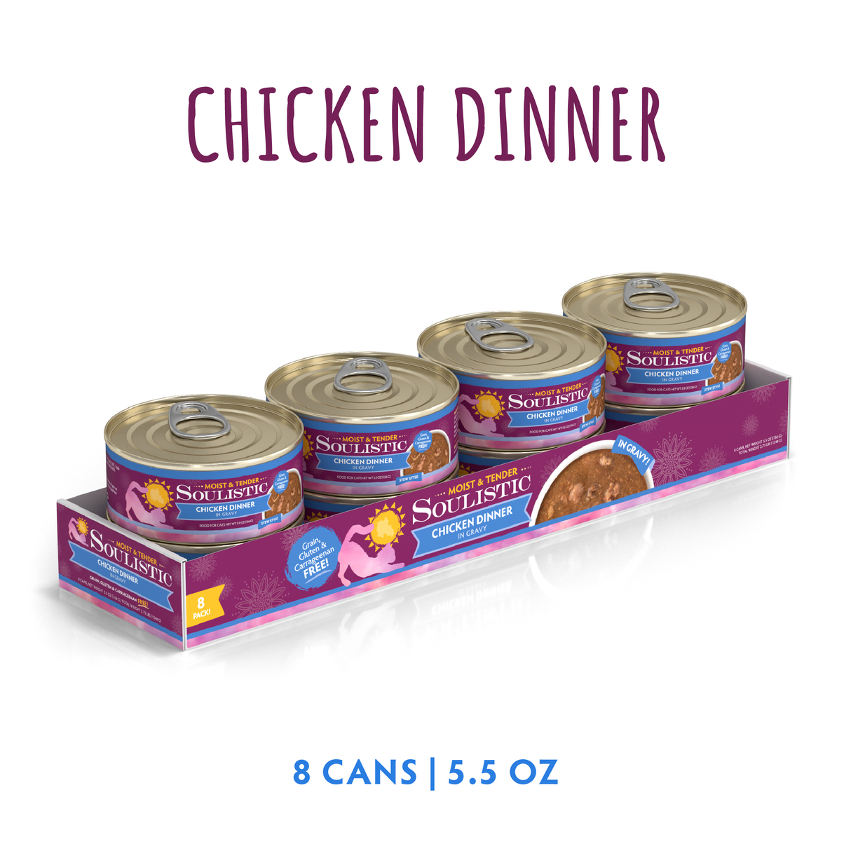 A box of Soulistic Chicken Dinner in Gravy, a high-quality canned food featuring premium protein options.