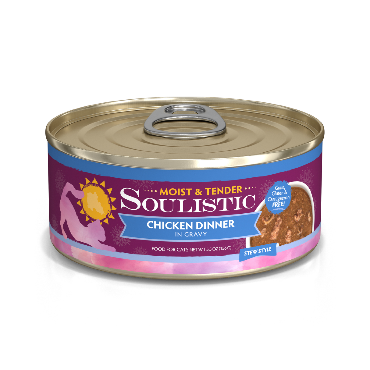 A can of Soulistic Chicken Dinner in Gravy cat food with a gold lid, purple and pink label. Made with minced deboned chicken for high-quality protein; grain, gluten & carrageenan free.