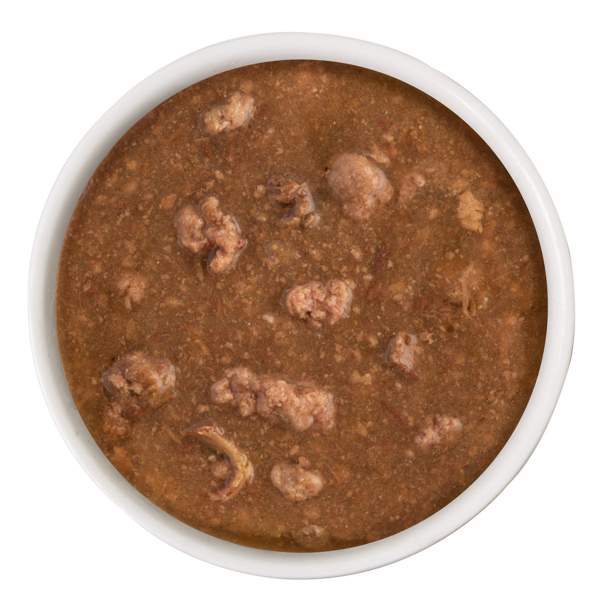 A top-down view of a white bowl filled with Soulistic Chicken Dinner in Gravy, featuring brown chunky wet food with minced deboned chicken and high-quality protein on a white background.