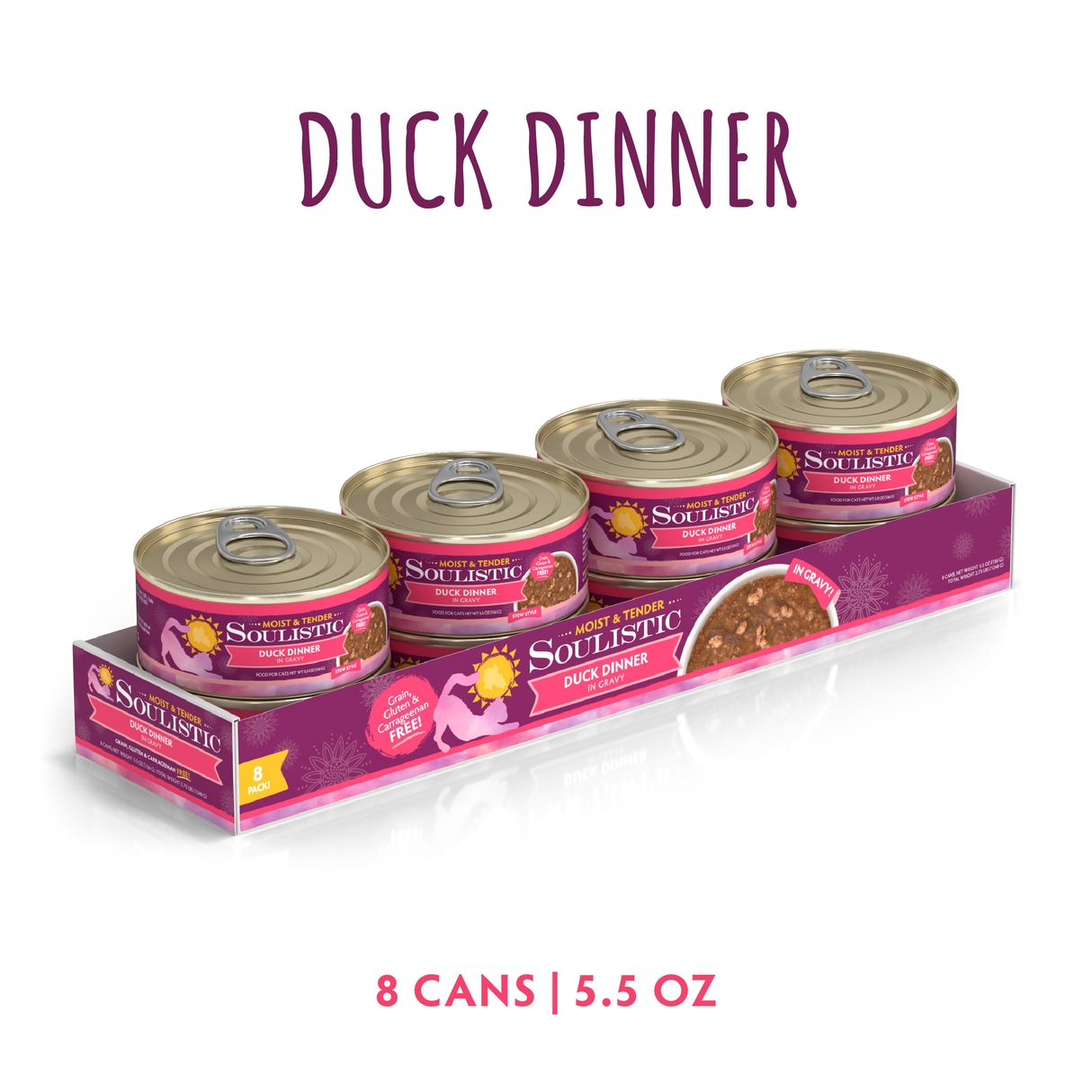 An 8-pack of Soulistic Duck Dinner in Gravy cat food, each 5.5 oz can in a pink tray; features deboned duck for high-quality protein and comes with purple and gold labels marked “Duck Dinner” above and “8 cans | 5.5 oz” below.