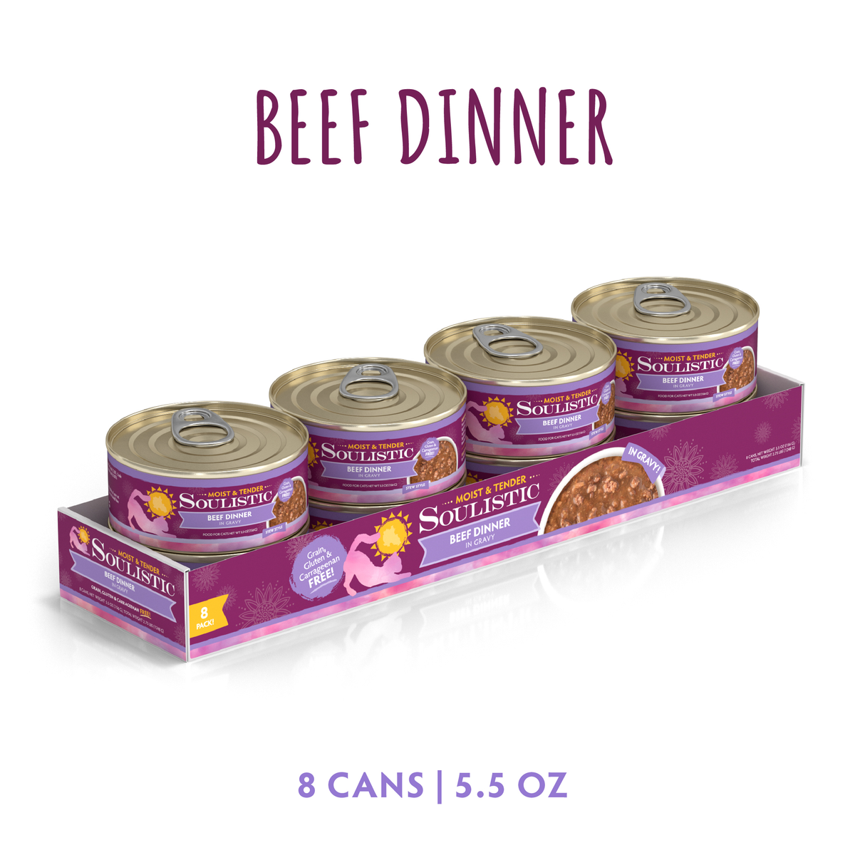 A tray of eight 5.5 oz cans of Soulistic Beef Dinner in Gravy cat food in purple packaging, featuring high-quality protein from deboned beef, with "Beef Dinner" above and "8 Cans | 5.5 oz" below on the label.