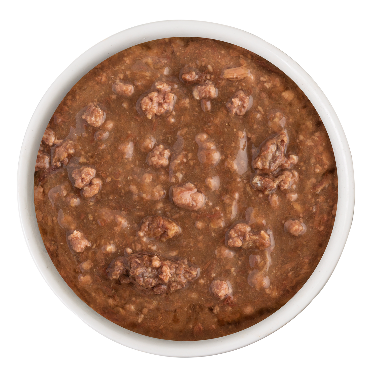 A white bowl filled with Soulistic Beef Dinner in Gravy, showcasing chunky brown wet food made with high-quality deboned beef, viewed from above on a white background.