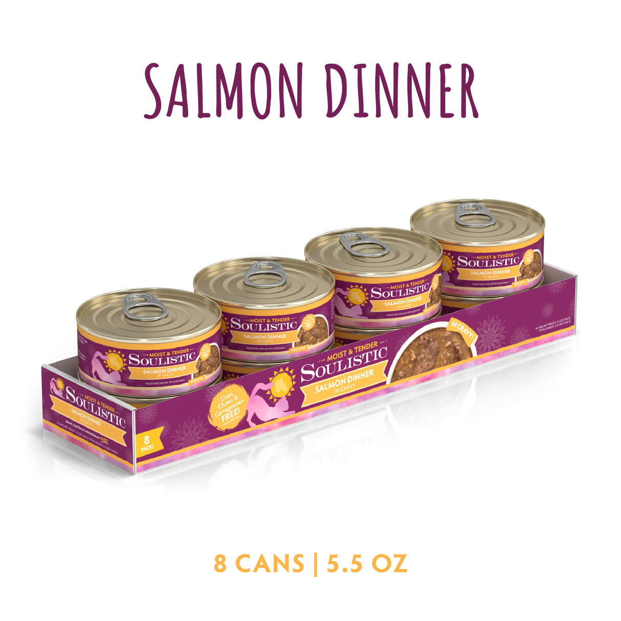 A purple tray displays eight 5.5 oz cans of Soulistic Salmon Dinner in Gravy cat food, made with wild-caught salmon. The label says “Salmon Dinner in Gravy” at the top and "8 cans | 5.5 oz" at the bottom.