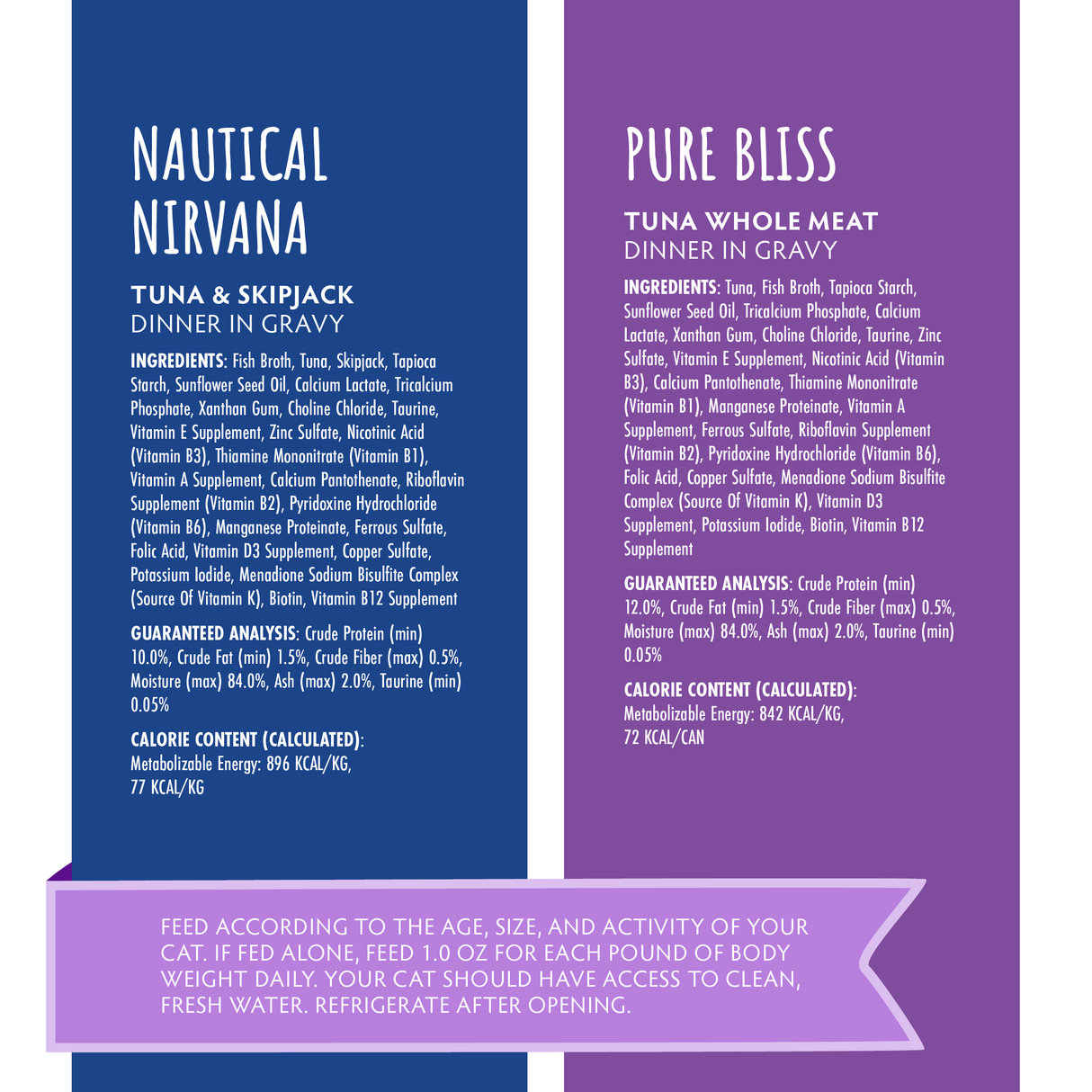 Blue and purple rectangular labels designed for Soulistic's Serene Selections high-protein cat food packaging.