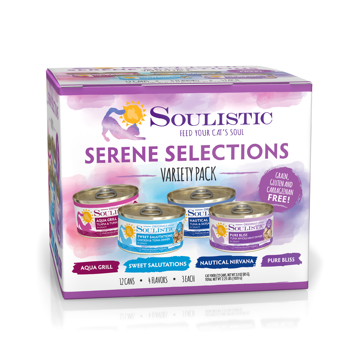 A 12-can box of Soulistic Serene Selections high-protein cat food in four flavors—Aqua Grill, Sweet Salutations, Nautical Nirvana, and Pure Bliss—packed in vibrant purple packaging with colorful accents.