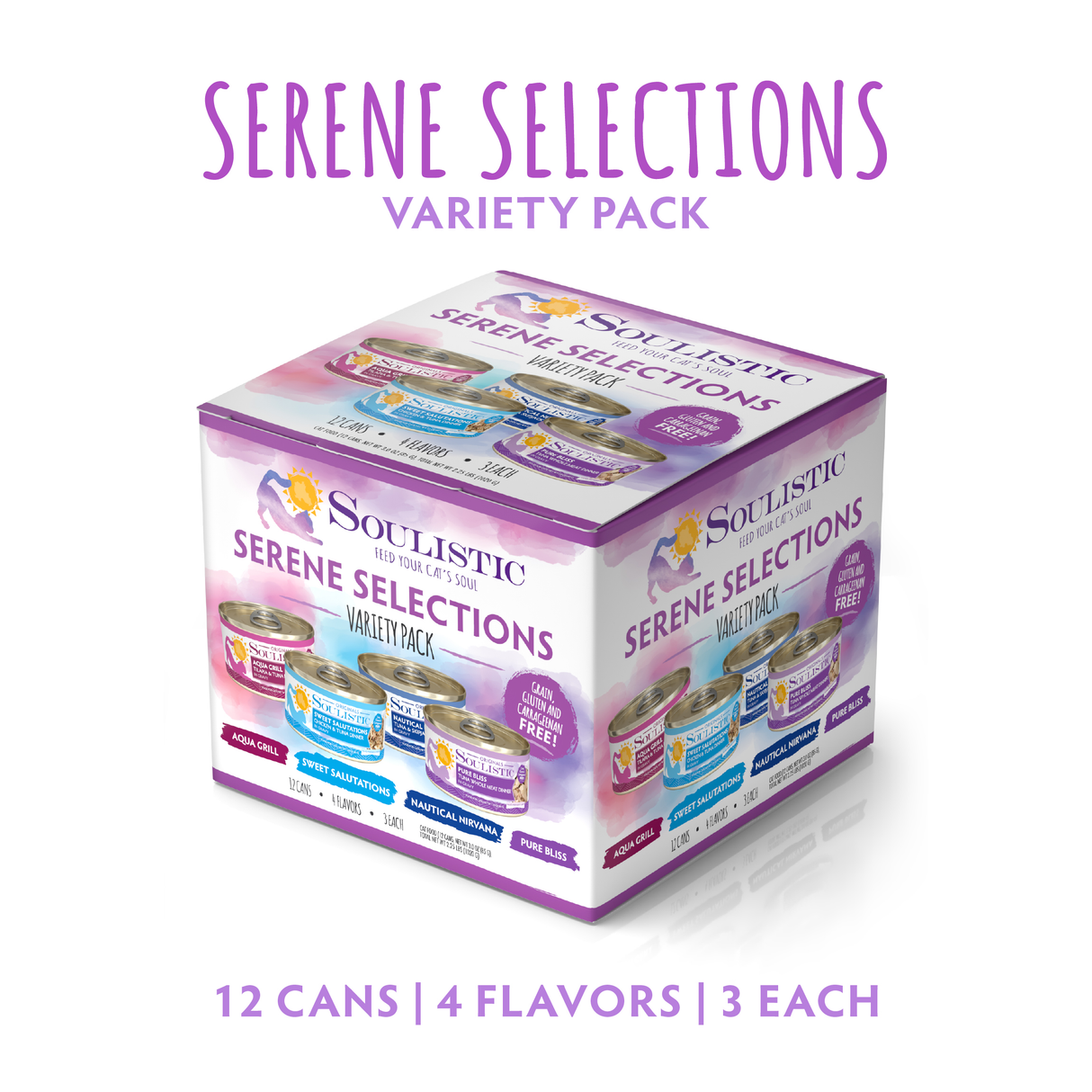A box of Soulistic Serene Selections cat food with 12 cans in 4 flavors; each flavor has 3 cans. This high-protein, grain-free seafood variety pack is perfect for cats.