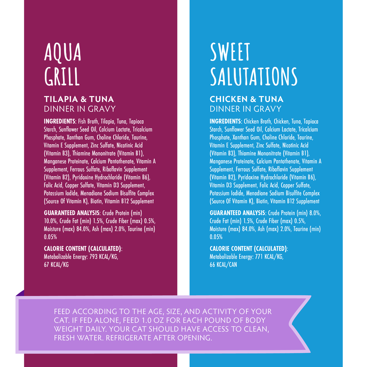 Split purple and blue panels show Soulistic Serene Selections cat food packaging: Aqua Grill (purple, tilapia & tuna in gravy) and Sweet Salutations (blue, chicken & tuna in gravy), with ingredients, feeding guide, and calorie info.