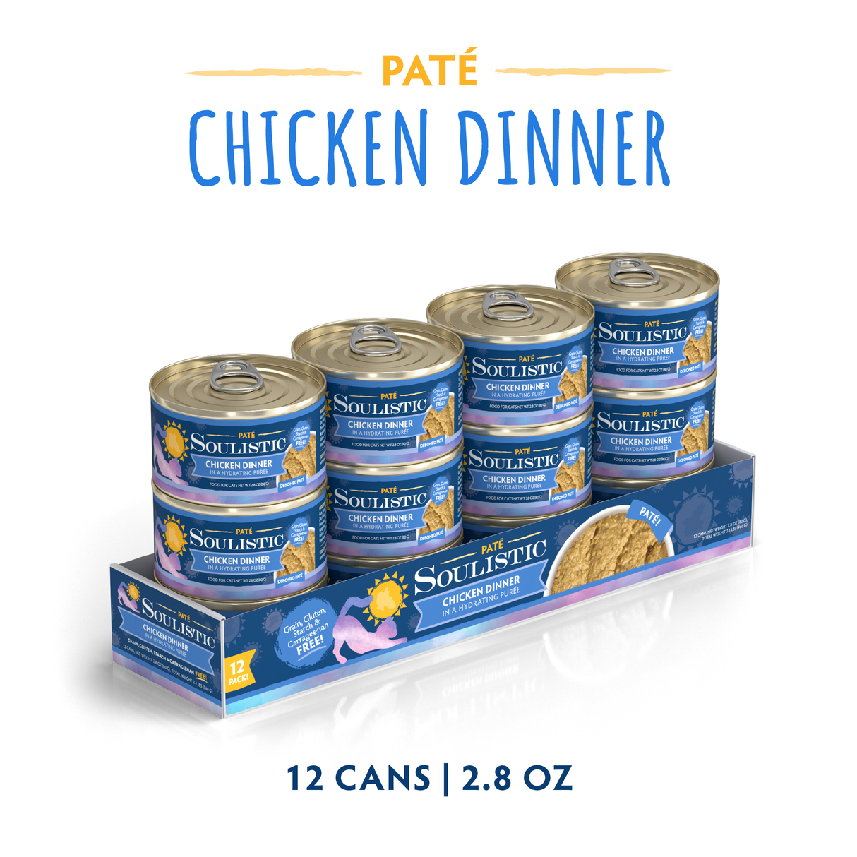 Six cans of Soulistic Chicken Dinner in a Hydrating Purée cat food, each 2.8 oz, are shown in an open box labeled for 12 cans. The blue and yellow packaging highlights balanced nutrition for your cat.