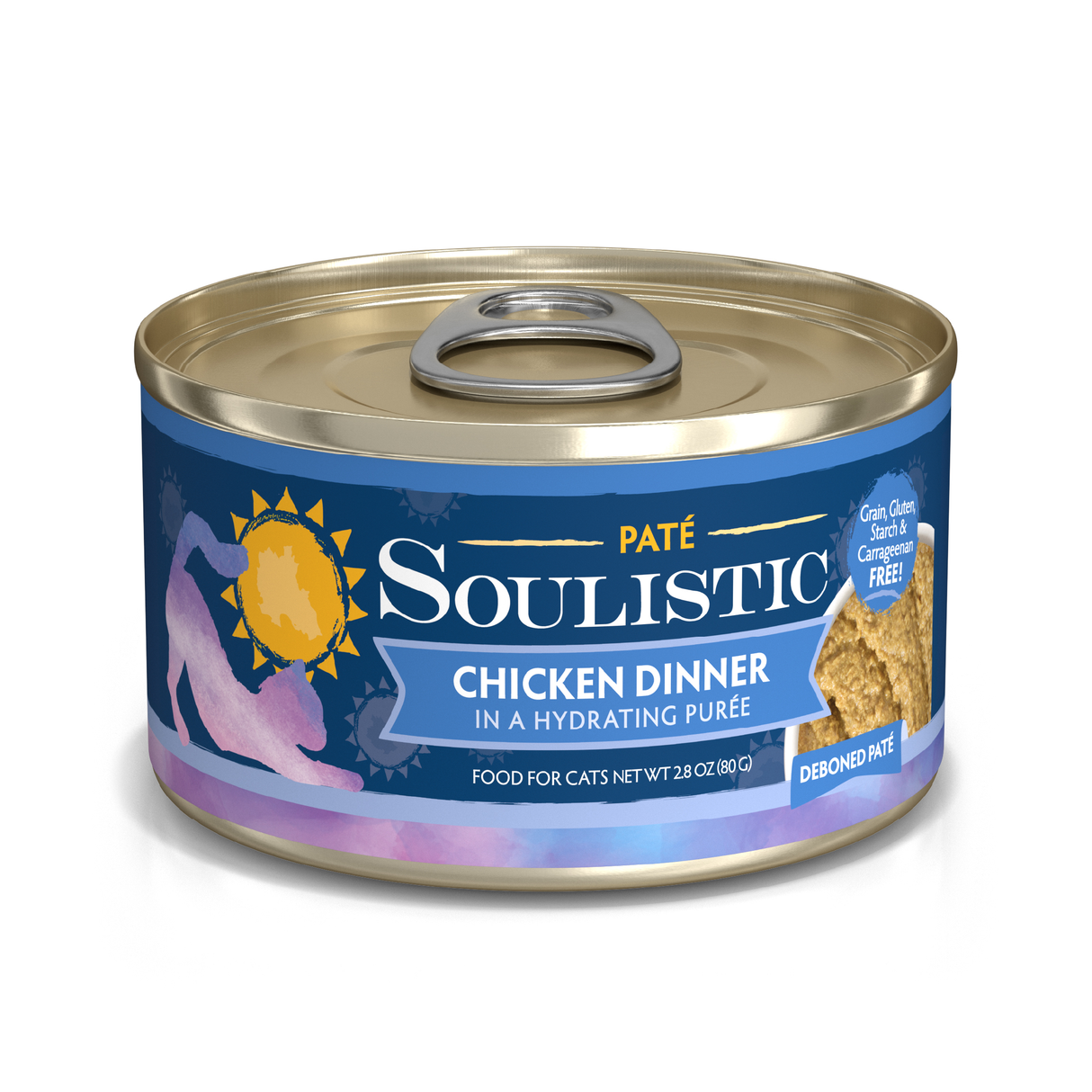 A 2.8 oz can of Soulistic Chicken Dinner in a Hydrating Purée cat food, with a blue and purple label featuring a cat silhouette and sun, provides balanced nutrition from deboned chicken in a hydrating purée for your feline friend.