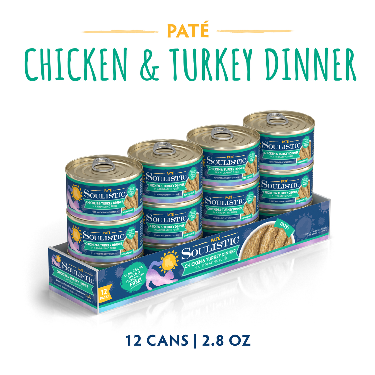 Twelve cans of Soulistic Chicken & Turkey Dinner in a Hydrating Purée (2.8 oz each) are shown in a vibrant tray, featuring boneless chicken for optimal nutrition and highlighting hydrating purée with chicken and turkey flavors.