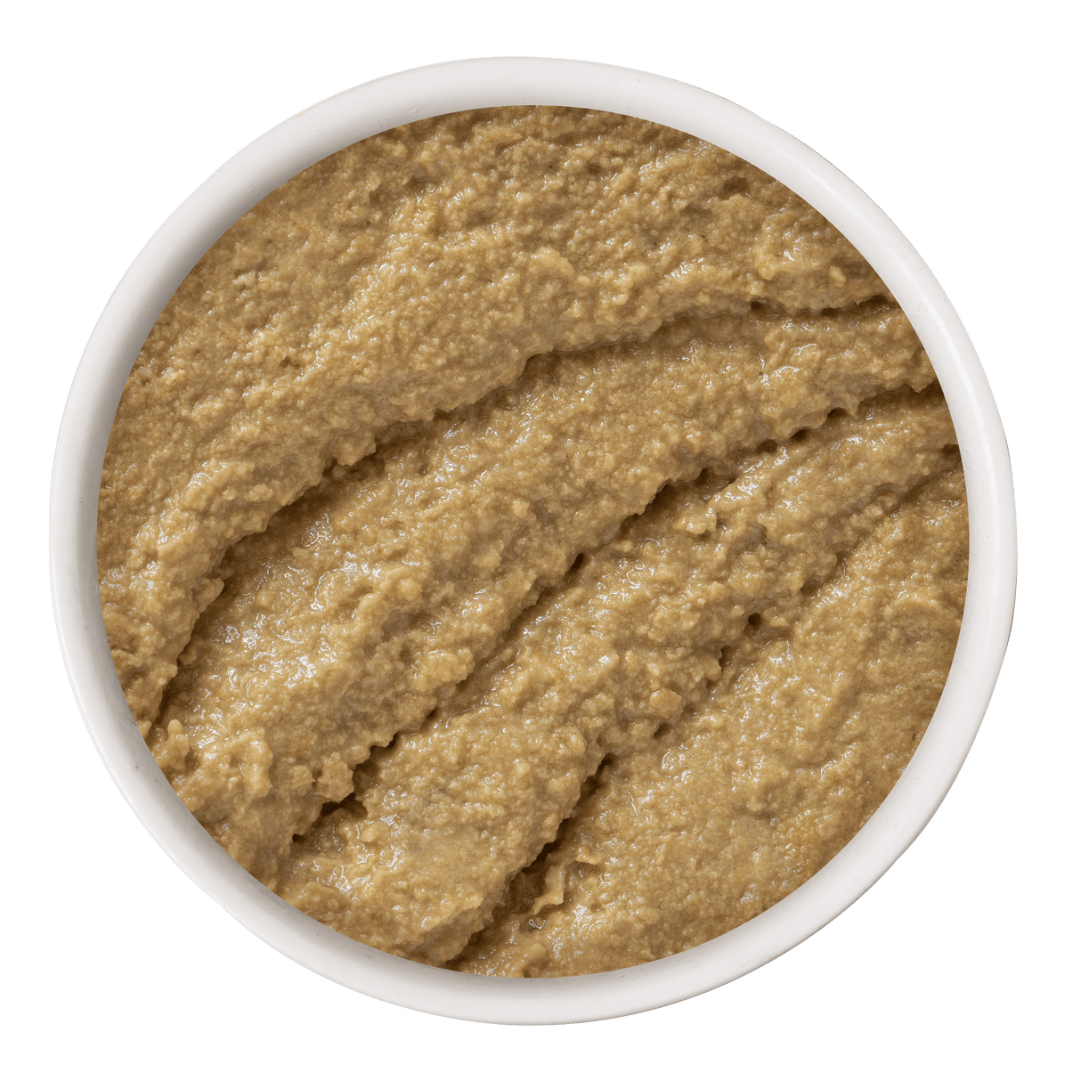 A white bowl filled with Soulistic Chicken & Turkey Dinner in a Hydrating Purée, viewed from above. The creamy, textured surface with visible ridges highlights this cat nutrition-focused meal.