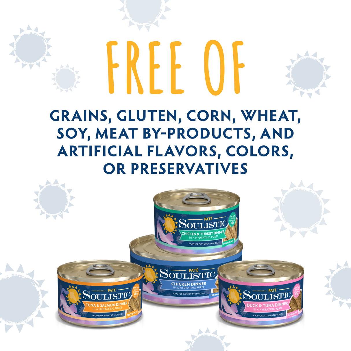 Four cans of Soulistic Chicken & Turkey Dinner in a Hydrating Purée, free from grains, gluten, corn, wheat, soy, meat by-products, and artificial additives. Blue sun graphics glow behind the text highlighting these features.