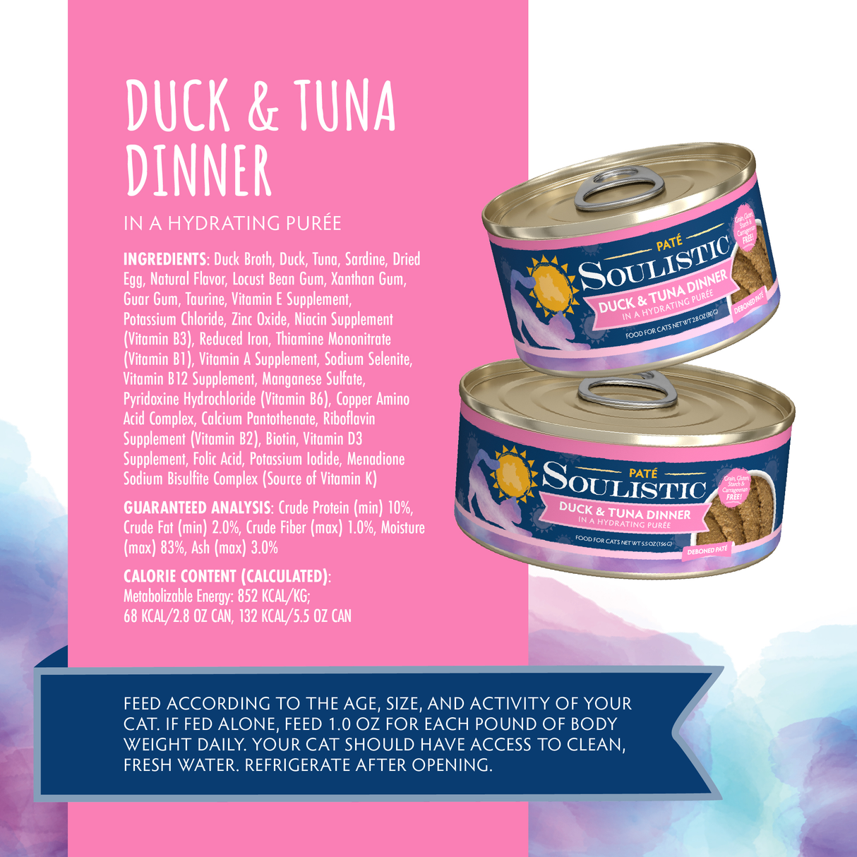 Two cans of Soulistic Duck & Tuna Dinner in a Hydrating Purée are shown on a blue and purple background, with product details, ingredients, guaranteed analysis, and feeding directions displayed in white and pink text.