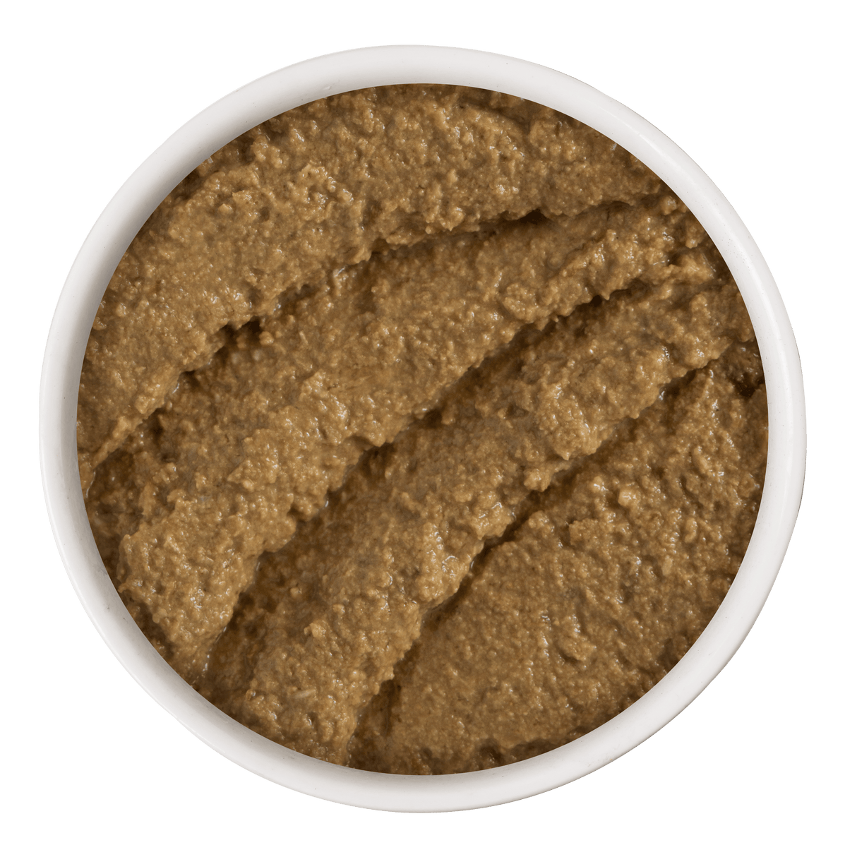 A white bowl filled with Soulistic Duck & Tuna Dinner in a Hydrating Purée, a thick, brown textured cat food, shown from above against a white background.