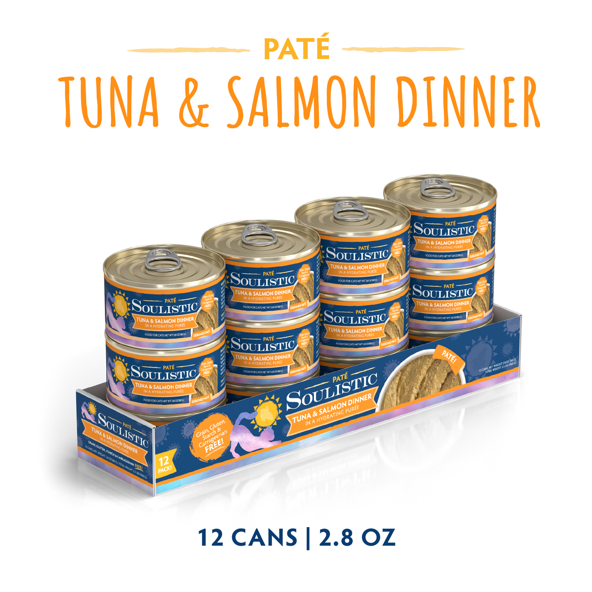 A 12-pack of Soulistic Tuna & Salmon Dinner in a Hydrating Purée, 2.8 oz cans, with wild-caught tuna; grain, gluten, and MSG free. Packed in a tray with orange and blue labels for wholesome nutrition.
